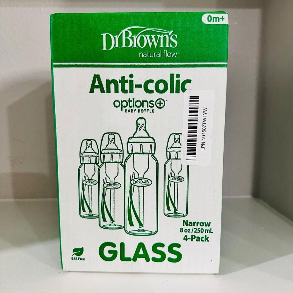 Dr. Brown’s Anti-Colic Options+ Glass Baby Bottles 8 oz 4-Pack Narrow New